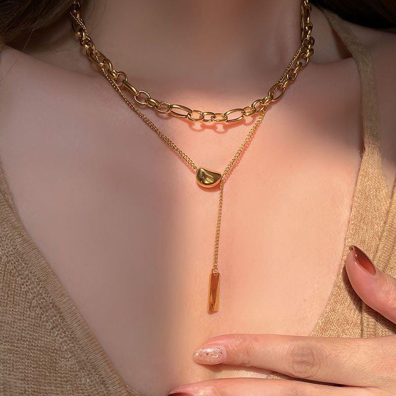 Layered Lucky Bean Necklace, Double Chain Choker with Gold Lucky Pendant, European Minimalist Jewelry, Gift for Her
