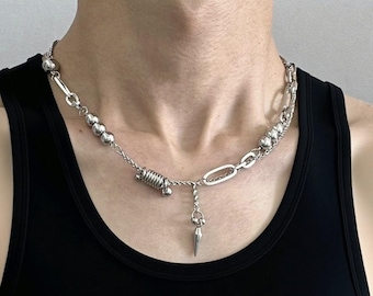 Steel Bead Rivet Necklace, Punk Stainless Steel Chain, Unisex Techwear Jewelry, Streetwear Gift