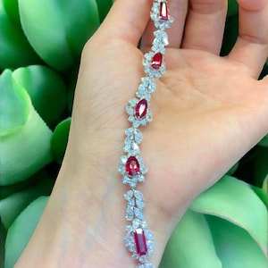 Lab Created Ruby Floral Tennis Bracelet, Sterling Silver, Art Deco Marquise Leaf Style