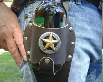 Leren bierholster met gouden en zilveren sheriffster-concho