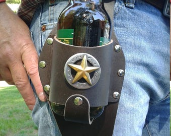 Leather Beer Holster with Gold and Silver Sheriff Star Concho