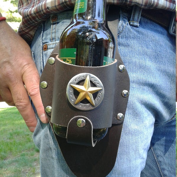 Leather Beer Holster with Gold and Silver Sheriff Star Concho