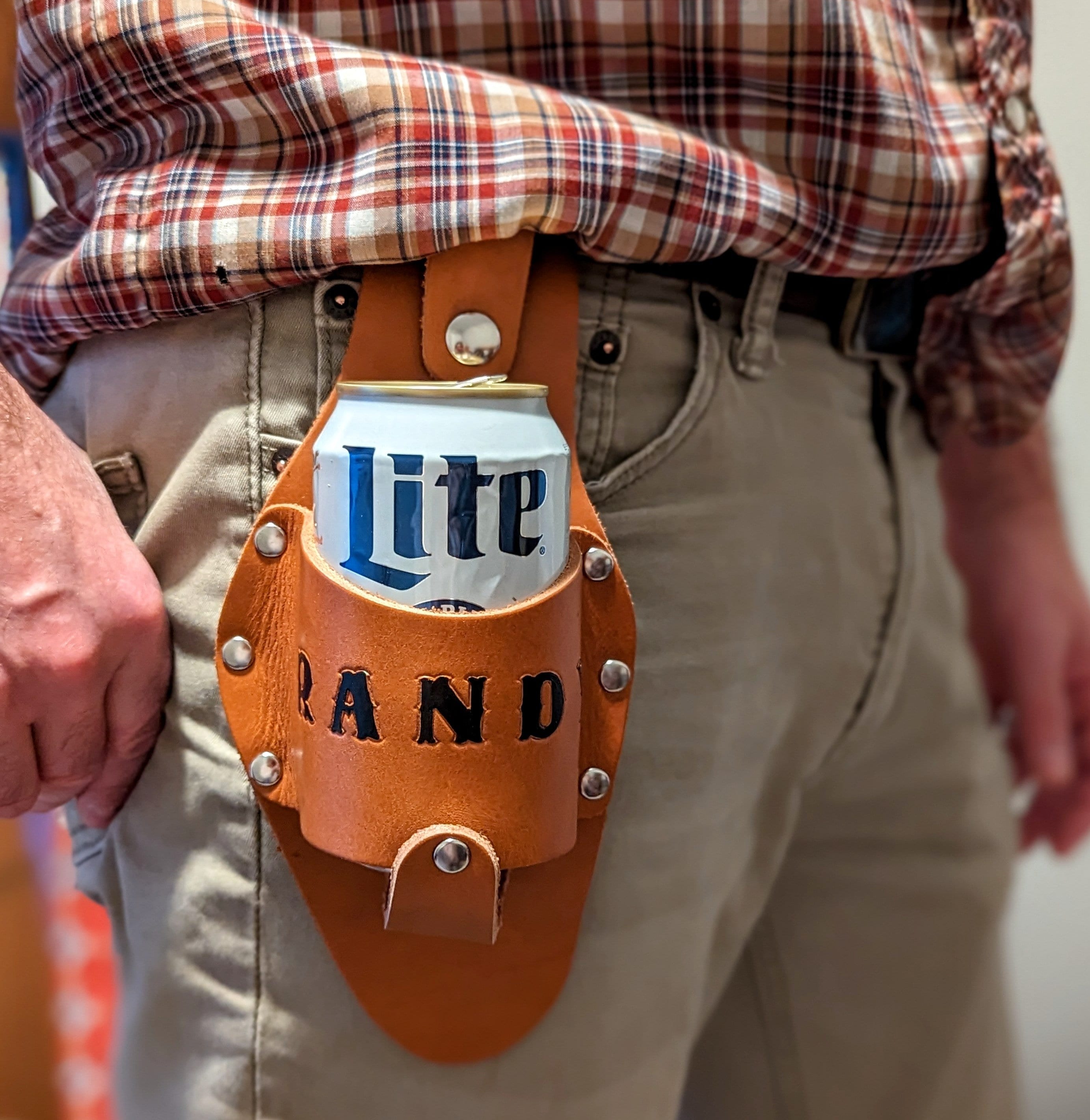 Personalized, Leather Beer Holster, Medium Brown, Luckenbach