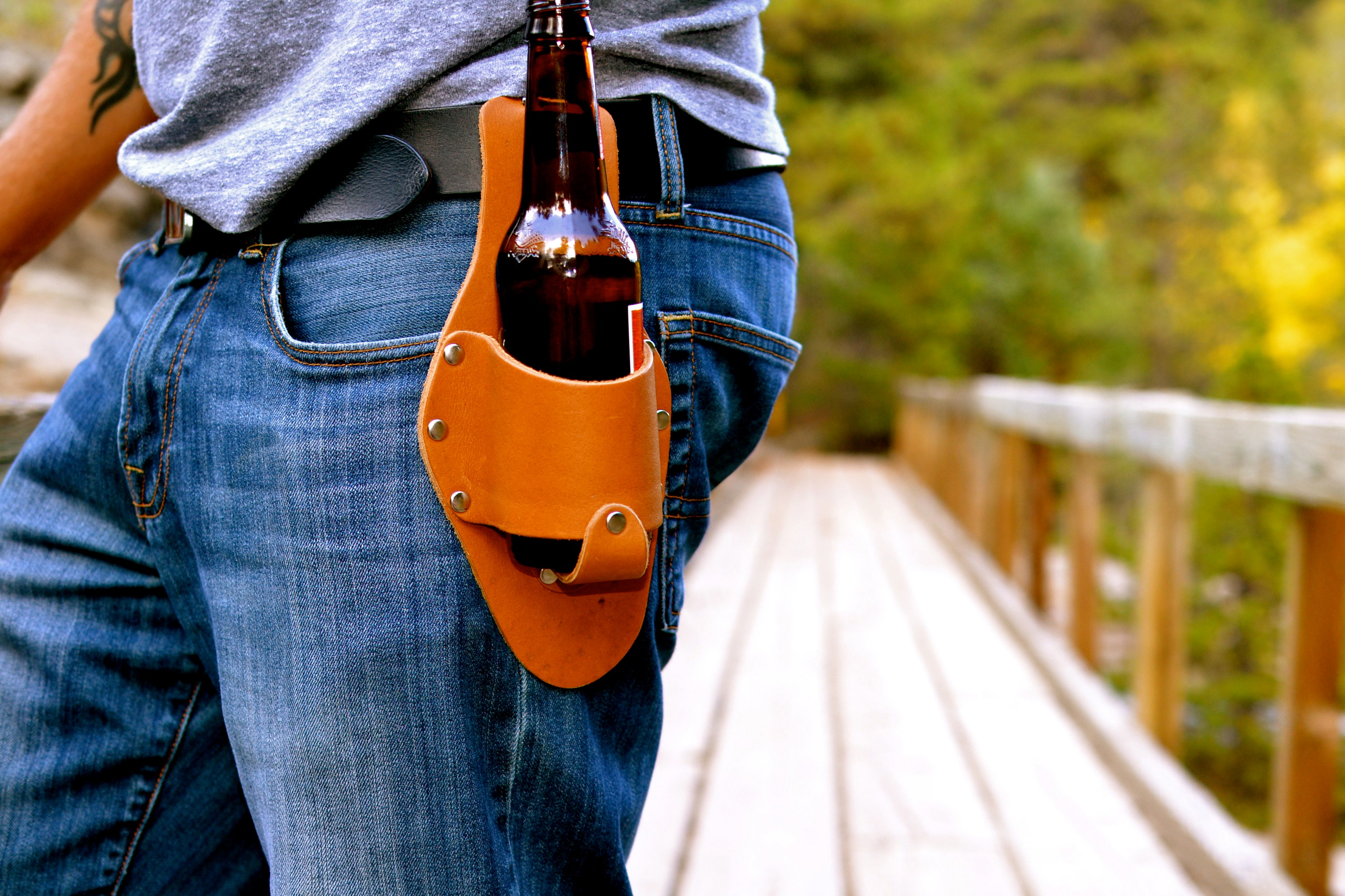 Personalized, Leather Beer Holster, Medium Brown, Luckenbach