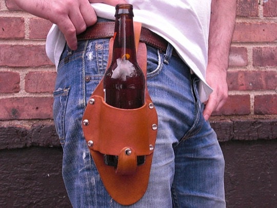 Personalized, Leather Beer Holster, Medium Brown, Luckenbach