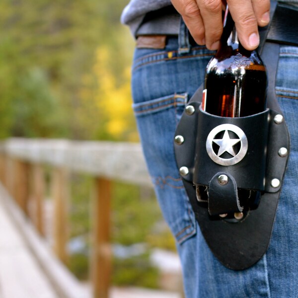 Leather Beer Holster with Sheriff Star Concho
