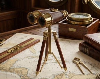 Binocolo in ottone stile vintage 10x con treppiede in legno - Decorazione nautica fatta a mano