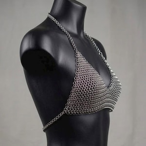 Handmade Silver Chainmail Bikini Set: Halter Top, Side Slit Mini Skirt, Festival Cosplay Outfit