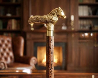 Brass Horse Handle Walking Stick, Wooden Cane, handmade