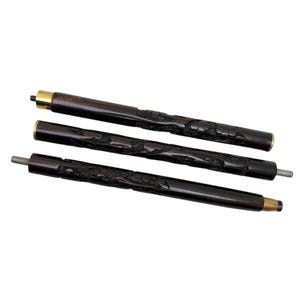 May include: Three dark brown wooden walking cane sections with carved floral designs. Each section has a brass-colored metal band at one end. One end of each section has a threaded metal tip.