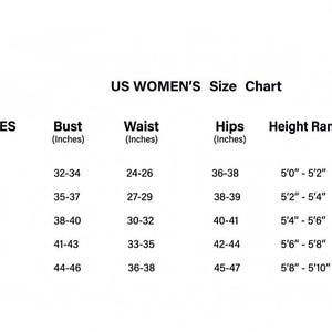 May include: A US Women's size chart with bust, waist, hips, and height measurements in inches. Sizes range from XS to XL, with corresponding measurements for each size. The height range is from 5'0" to 5'10".