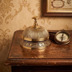 May include: A brass service bell with a fluted dome and a base featuring an engraved scroll pattern, positioned next to a round brass compass with a white face, black markings, and a needle pointing toward the north position on the dial.