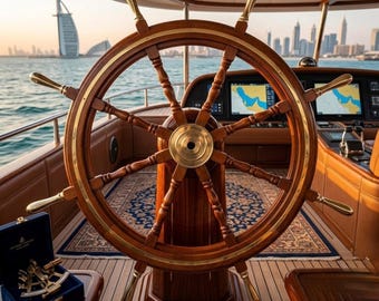 May include: Interior of a luxury yacht with a large wooden ship's wheel with brass detailing. The wheel is central, with a cityscape and sea in the background. The interior features rich wood paneling and navigation screens.