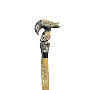 Gothic Raven Skull Walking Cane – Handmade Wooden Stick with Crow & Skeleton Handle – Vintage Collectible Walking Stick