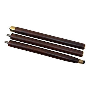 May include: Three-piece wooden cane shaft with brass accents. The dark brown wood is smooth and polished, with a threaded end for assembly. The cane shaft is designed to be assembled into a walking stick.