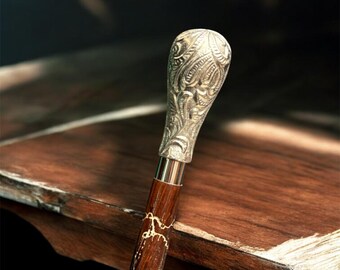 Wooden Walking Stick with Ornate Silver Handle – Vintage Style Gentleman Cane, Classic Support Stick