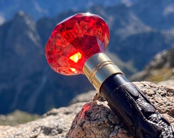 May include: A walking stick featuring a large, faceted, translucent red gemstone topper. The topper is secured to a dark, textured wooden shaft by a smooth, cylindrical gold-coloured metal collar with two horizontal engraved lines.