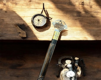 Gehstock aus Palisander mit Kristallgriff | Schwarz dunkles Holz | elegantes Geflecht