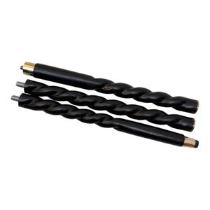 May include: Three black wooden cane shafts with a spiral design. The shafts have brass-colored metal tips and screw threads on the ends. The cane shafts are set against a white background.