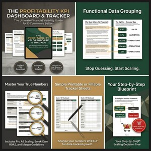 May include: A digital product advertisement for an e-commerce financial dashboard and tracker. The image features a tablet displaying the dashboard, along with printable sheets and a step-by-step blueprint. Text includes "The Profitability KPI Dashboard & Tracker" and "Stop Guessing. Start Scaling."