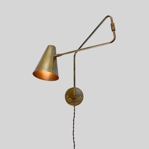 Mid-Century Modern Brass Swing Arm Wall Lamp Brass Wall-Mounted Reading Light with Cone Shade