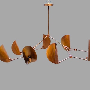 Mid-Century Modern Copper Chandelier: 8-Arm Brass Shade Statement Light