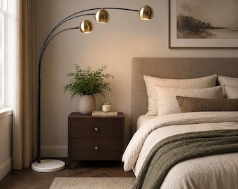 Mid Century Modern Black & Gold Arc Floor Lamp – 3 Light Retro Arch Lamp, Brass Dome Standing Lamp, Cozy Reading Light for Living room