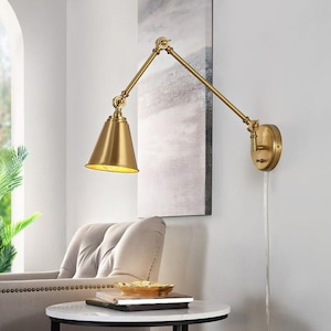 Adjustable Brass Wall Sconce with Articulated Arm and Conical Shade – Dimensions Included