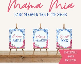 Letreros para baby shower de Mamá Mía: Plantilla editable de Canva (descarga digital)