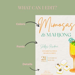 Puede incluir: Dise&ntilde;o de invitaci&oacute;n con el texto "Mimosas & Mahjong". La invitaci&oacute;n incluye detalles como la fecha, la hora y el lugar: "Shelby's Residence, 21 Mahjong Drive, Miami, Florida". El dise&ntilde;o presenta un mimosa y fichas de mahjong.