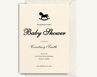 Minimalistisk babyshowerinbjudan: Redigerbar Canva-mall | Elegant gunghäst (digital nedladdning)
