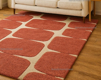 Hand Tufted Geometric rug,  Terracotta Wool Rug, Modern Living Room Decor 5x8 area rug