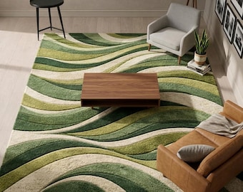 Hand Tufted Abstract Wave Rug – Green & Cream Modern Area Carpet for Living Room, Sculptural 3D Texture Floor Decor, 5x8 Area Rug