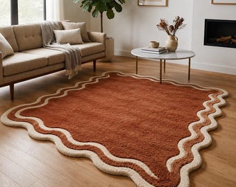 Hand Tufted Terracotta Wool Rug, Wavy Scalloped Area Rug, Organic Shape Rug, Rust Orange Cream Modern Living Room Carpet
