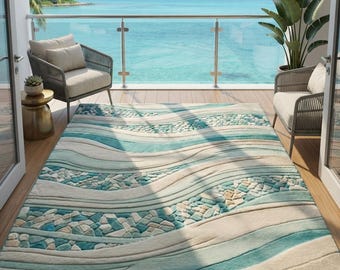 Handmade Wool Area Rug: Coastal Waves Design, Aqua Blue And Beige, 5x7 area rug