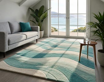 Handmade Wool Area Rug, Coastal Waves Design - Teal & Cream, 5x7 area rug