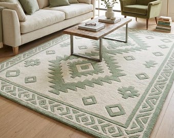 Sage Green Rug for Living Room, Hand Tufted Wool Area Rug, Modern Organic Geometric Carpet, Minimalist Boho Floor Decor