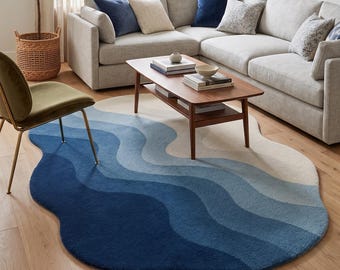 Modern Abstract Floor Art, Sculptural Blue Wave Rug, Soft Minimalist Accent Rug for Living Room, 7x10 area rug