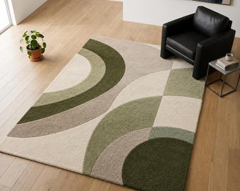 Modern Geometric Area Rug, Sage Green and Cream Carpet, Mid-Century Modern Rug, 7x10 Area Rug