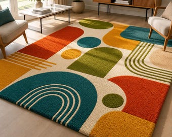 Colorful Abstract Area Rug, Mid-Century Modern Geometric Carpet, Vibrant Boho Living Room Decor, 7x10 Area Rug