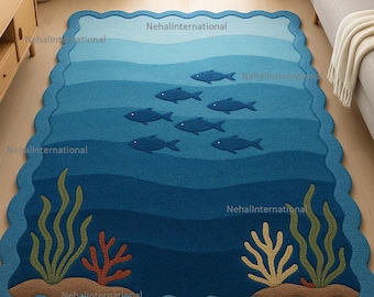 Handgetuft wollen oceaanthema tapijt | Onderwatertapijt, kinderspeelkamer, decoratie kinderkamer