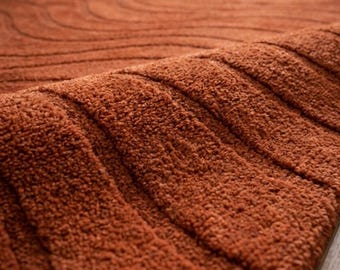 Rust Orange Hand Tufted Rug, 3D Embossed Wavy Area Rug, Modern Mid Century Terracotta Wool Rug, Carved High Pile Carpet for Living Room