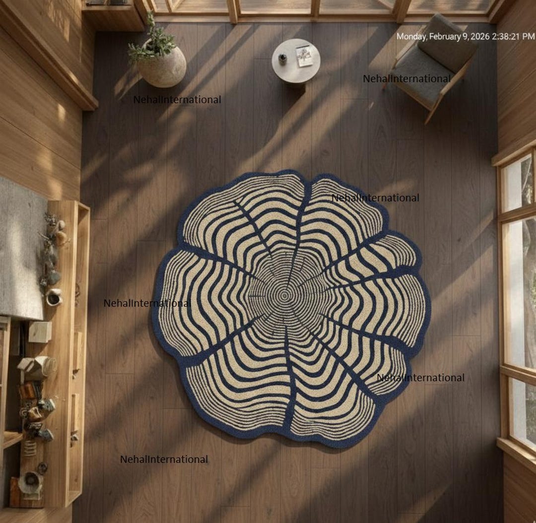 Hand-tufted Tree Ring Rug L Wood Slice Area Rug L Organic Shape 6x6 ...