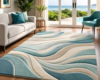 Handmade Wool Area Rug: Coastal Waves Design, Aqua Blue And Beige, 5x7 area rug