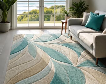 Handmade Wool Area Rug: Coastal Waves Design, Aqua Blue And Beige, 5x7 area rug