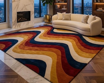 Tapete moderno retrô com ondas, tapete com design retrô dos anos 70, tapete de área 8x10.