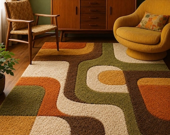 Retro 70s Hand Tufted Wool Rug, Mid Century Modern Area Rug, Geometric Shag Carpet, Custom Living Room Rug, Handmade Floor Decor