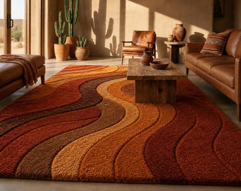 Hand-Tufted Desert Wave Wool Rug | Sculpted Sand Dune Design in Terracotta & Earth Tones | 7x10