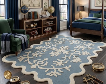 Hand Tufted Blue Floral Rug, Wavy Edge Carpet, Handmade Tufted Modern Rug, 5x8 area rug
