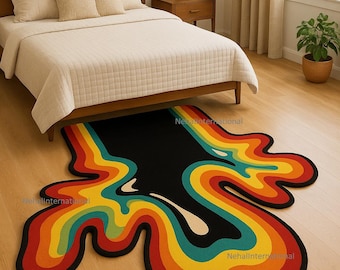 Dywan z rozpływającą się tęczą, dywan w stylu retro psychodelicznym, nowoczesny, organiczny wystrój domu, dywan 7x10 na zamówienie